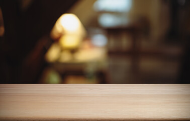 Empty wood table top and blur of out door garden background Empty wooden table space for text marketing promotion. blank wood table copy space for background