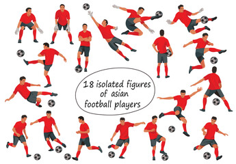 18 isolated figures of asian football teem players in various poses in red T-shorts in motion