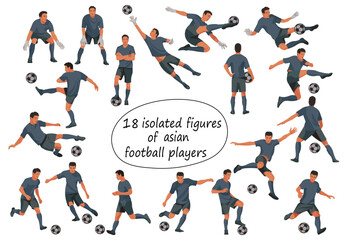 Figures of asian football players in black uniforms standing in the goal, running, hitting the ball, jumping