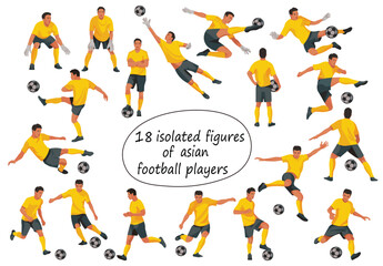 18 figures of asian football players and goalkeepers in motion jumping, running, kicking the ball, standing in goal in yellow uniforms