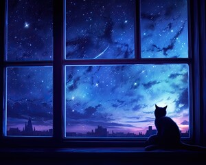 windowsill, gazing at the moon. deep blues and purples for the sky and add delicate stars to create a dreamy atmosphere