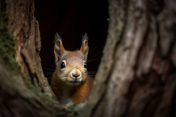 Naklejka na ściany i meble cute squirrel peeking from behind the tree
