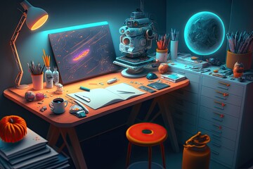 Futuristic artist's desk with materials and tools