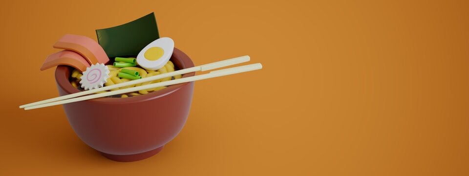 japanese noodles soup "ramen" isolated on orange background stylized 3D rendered image wide version