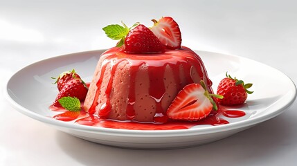 strawberry cake with strawberries. strawberry pudding with sauce on white plate. Close up view