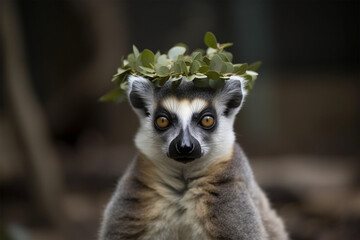 a lemur wearing a crown of leaves