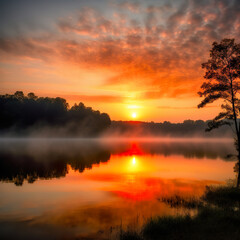 Fototapeta premium Amazing red sunset over the lake