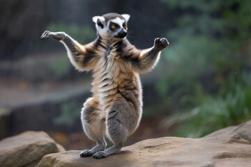 a lemur dancing on a rock - obrazy, fototapety, plakaty
