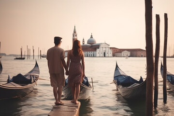 Travel, vacation, romance concept. Young couple traveling and walking in Venice, Italy. Gondolas, canals, old town in background. Man and woman view from behind. Sunset summer. Generative AI