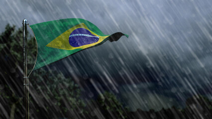 flag of Brazil with rain and dark clouds, rainy weather symbol - nature 3D rendering