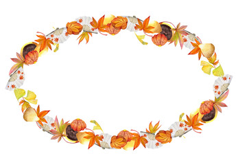 Watercolor hand drawn traditional Japanese sweets. Circle wreath of autumn wagashi with leaves. Isolated on white background. Design for invitations, restaurant menu, greeting cards, print, textile