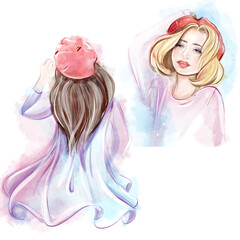 Watercolor illustration of a beautiful girl in a red beret, travel to France, fashion. Romantic girl, clipart