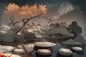 Asian Village, Sepia ink wash Landscape of ancient villages, Generative AI