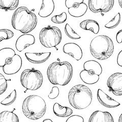 Hand drawn ink apple fruits, ripe, full and slices monochrome vector, detailed outline. Seamless pattern. Isolated object on white background. Design for wall art, wedding, print, fabric, cover, card.