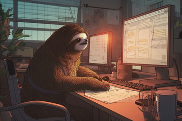 A sloth sitting at a desk and using a computer to code | Generative Ai