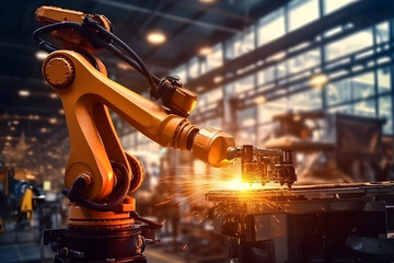 Hi-tech orange robotic arm, automatic robot hand for welding in heavy industry,  hyperautomation, automated machine learning concept. Generative AI