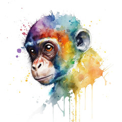 Monkey portrait in watercolor style, PNG background