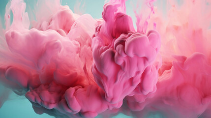 Fototapeta premium Pink liquid color drop floating in water, cloud shape, colorful smoke explosion, texture background, fashion, femininity, creativity backdrop, swirl abstract background. Generative AI
