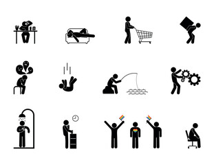 man icon, set of human silhouettes, everyday situations, sports, food and work