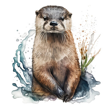 Watercolor style otter portrait, PNG background