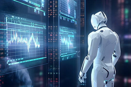 AI robot standing in front of graphs and financial data display on screen, stock trading bot, automated trading system, futuristic technology illustration. Generative AI