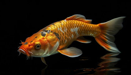 Close up view of golden koi fishes in clear water with dark background. AI generative