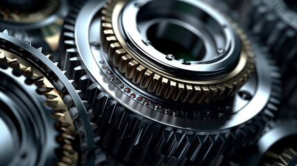 Fototapeta na wymiar Gear metal wheels, part of machine, production, close-up