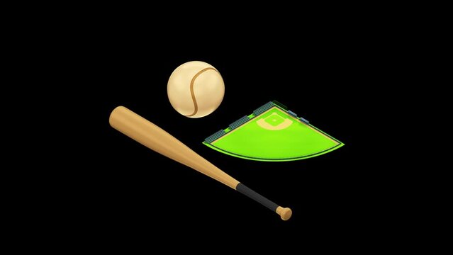 Baseball, ball, bat. 3d isometric. Alpha channel