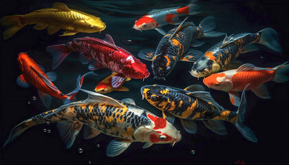 Obraz na płótnie Canvas Top view of colorful school koi fishes in clear water. AI generative and fish concept
