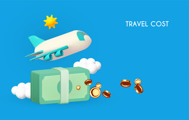 Naklejka premium 3D airplane travel concept. Booking service design. Flight cost.