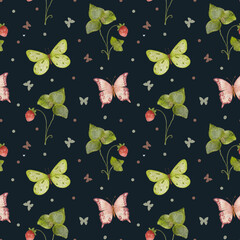Butterflies and wild strawberries. Watercolor seamless pattern with wild strawberries and butterflies. Wildlife, insects. The illustration is hand drawn Summer bright design on a dark blue background.