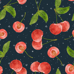 Watercolor cherry. Watercolor cherry seamless pattern. Summer dessert. Cherry berries Juicy cherries on a dark blue background.