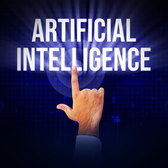 Man touching Artificial intelligence typography on blue tech backdrop. Future of AI concept background
