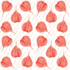 Seamless watercolor pattern with red leaves. Leaves on a striped background.