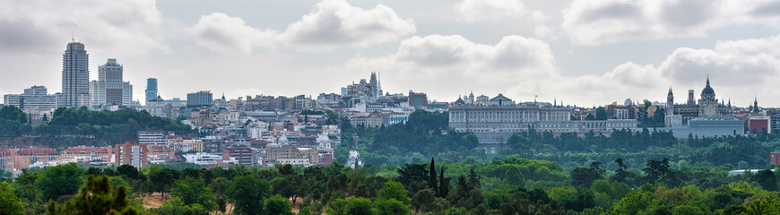 Fototapeta na wymiar Great panoramic view of the skyline of Madrid from the country house with the royal palace and the buildings of Plaza Spain.
