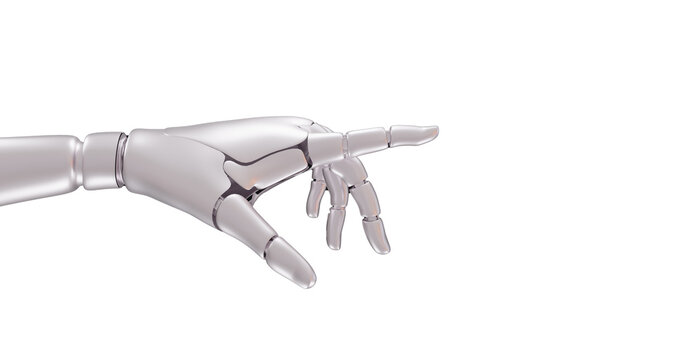 Robotic hand 3d rendered side pose touching with a finger, transparent background. Isolated robot hand with no background
