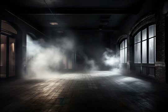 A dark room with a lot of smoke coming out of the windows cinematic background generative ai