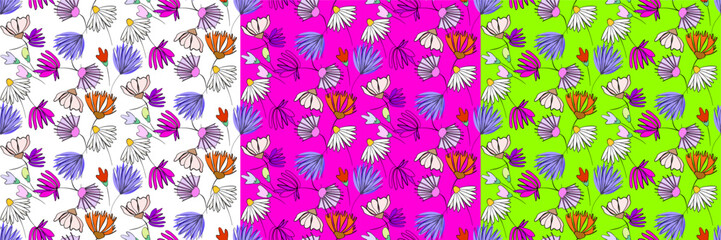 Tree vector seamless half-drop pattern, with flowers