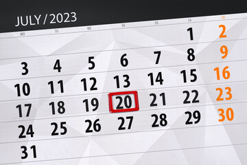 Fototapeta premium Calendar 2023, deadline, day, month, page, organizer, date, July, thursday, number 20