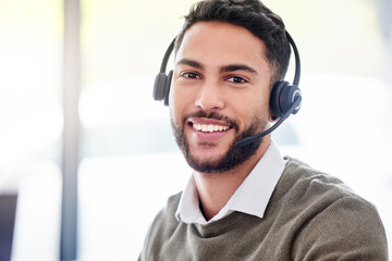 Man, portrait and happy call center worker with headset, smile and professional mindset for customer service, support or help. Face, person and working in telemarketing, crm or online consulting