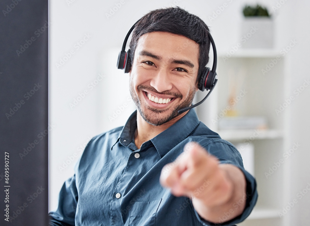 Poster call center, pointing and portrait of man in office for consulting, communication and customer servi