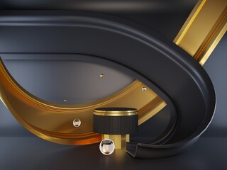Product display podium with curvilinear golden and black shapes. 3D rendering