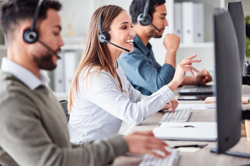 Woman, call center and working in office workspace with headset, computer and online customer...
