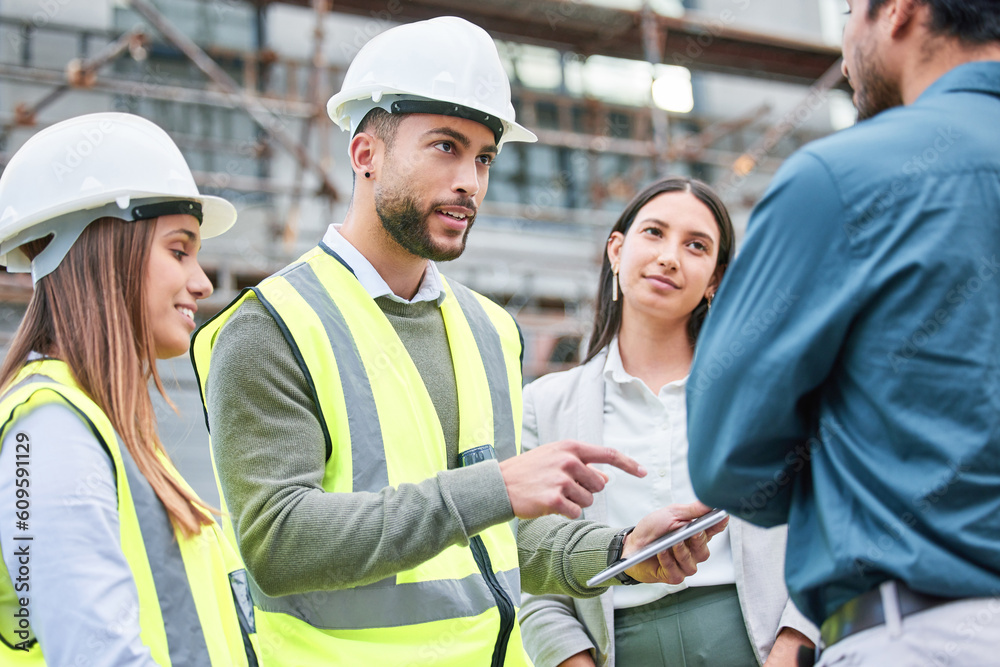 Poster teamwork, architecture and tablet with people on construction site for planning, building and projec