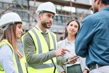 Teamwork, architecture and tablet with people on construction site for planning, building and project management. Industrial, technology and engineering with contractors for designer and inspection