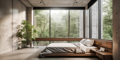 Bed in minimalist room with panoramic windows and concrete walls. Loft interior design of modern bedroom in luxury house in forest. Created with generative AI
