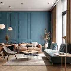 Beige and blue sofas against window in classic room. Interior design of modern living room. Created with generative AI