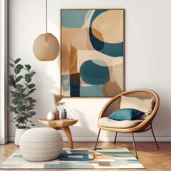 Wicker chair and knitted pouf near white wall with art poster frame. Mid century style interior design of modern living room. Created with generative AI