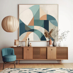 Wooden chest of drawers and blue chair against white wall with art poster frame. Mid century style interior design of modern living room. Created with generative AI