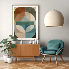 Dark turquoise lounge chair and wooden chest of drawers against white wall with art poster frame. Mid century style interior design of modern living room. Created with generative AI